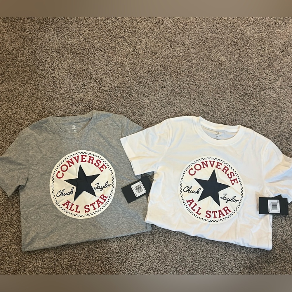 One white, one gray converse boys, T-shirt, size medium